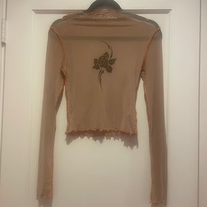 Hawaiian Flower Nude Mesh Long-sleeve with Orange Lettuce Detail